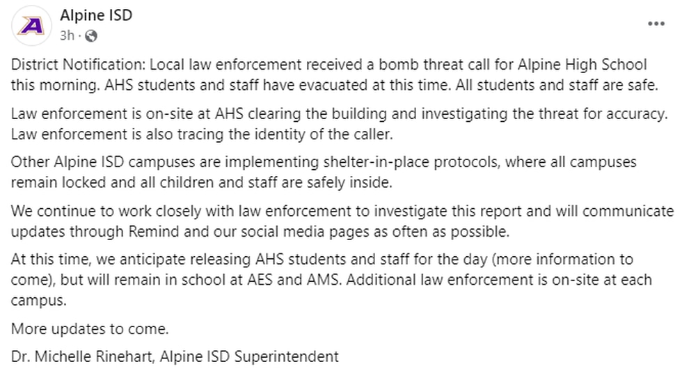 Bomb threat at Alpine High School